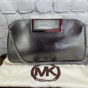 Michael Kors Pewter Epi Leather Berkley Clutch Square Handle Bag W Dust Bag